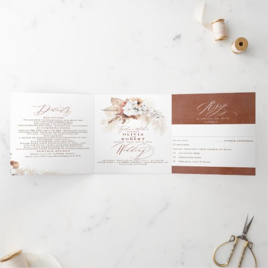 テラコッタフローラモダンエキゾチック結婚ボホズ 三つ折り招待状 (内部)