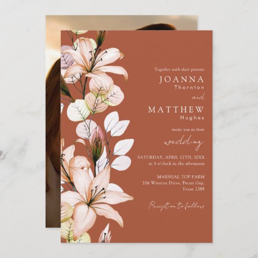 テラコッタフローラル写真秋の秋結婚式 招待状 (正面/裏面)