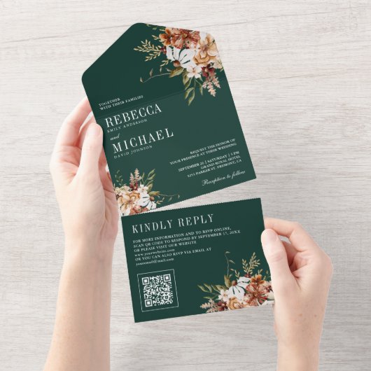 テラコッタフローラワイルドフラワーエメラルドグリーン結婚ズ オールインワン招待状 (貼ってはがせる)