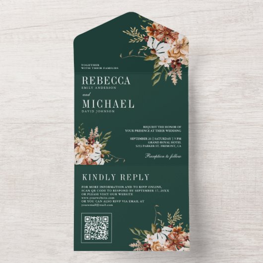 テラコッタフローラワイルドフラワーエメラルドグリーン結婚ズ オールインワン招待状 (内側)