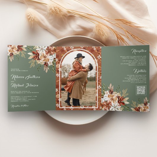 テラコッタフローラワイルドフラワーセージ結婚グリーン 三つ折り招待状