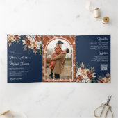 テラコッタフローラワイルドフラワーネイビーブルー結婚ズ 三つ折り招待状 (内部)