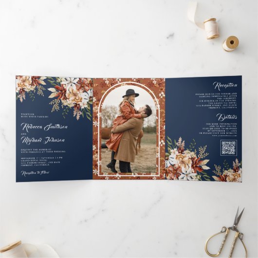 テラコッタフローラワイルドフラワーネイビーブルー結婚ズ 三つ折り招待状 (内部)