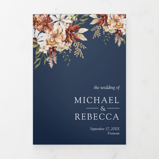 テラコッタフローラワイルドフラワーネイビーブルー結婚ズ 三つ折り招待状 (カバー)