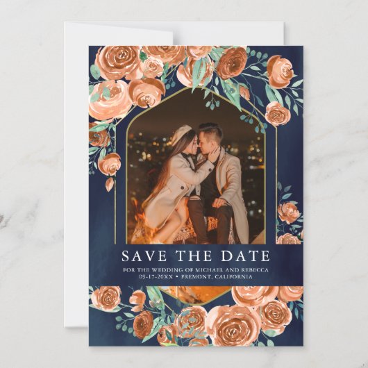 テラコッタフローラ海軍の写真結婚式の日付を保存 マグネット招待状 (正面)