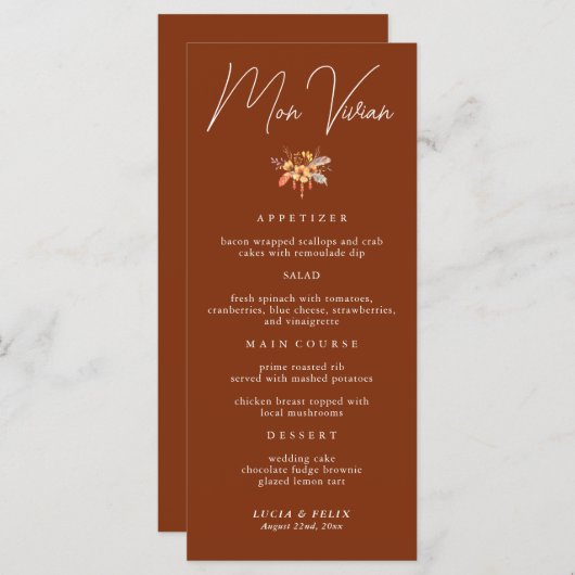 テラコッタフローラ結婚座席表のディナーカード メニュー (正面/裏面)