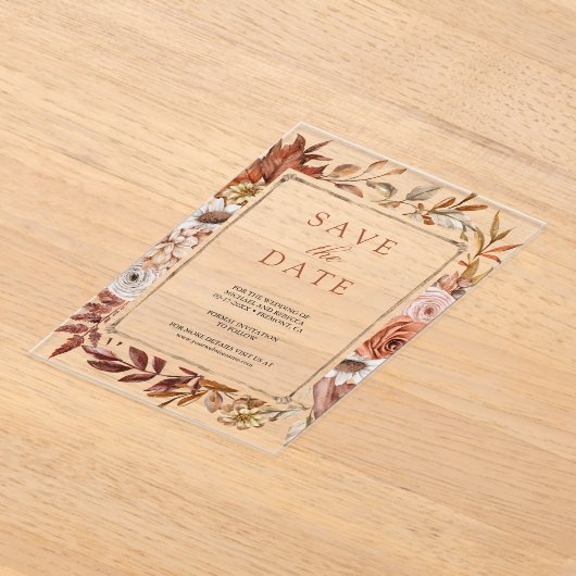 テラコッタフローラ結婚式の日付を保存 アクリル招待状 (レイダウン)