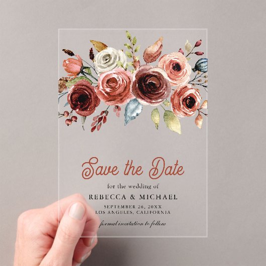 テラコッタフローラ結婚式の日付を保存 アクリル招待状 (インサイチュ (ポータブル))