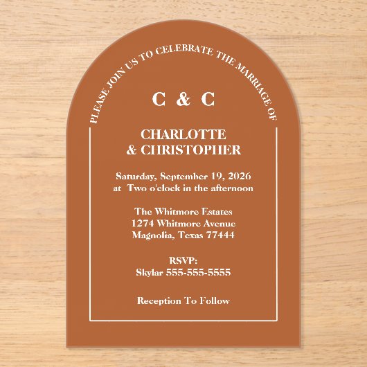 テラコッタブモダンルントオレンジ秋の結婚式 アクリル招待状 (正面)