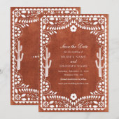 テラコッタブラウンのメキシコ風結婚式 パペルピカド・ボーダ セーブザデート (正面/裏面)