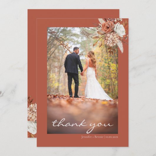テラコッタブラウンボヘミアン素朴フローラ結婚ズ サンキューカード (正面/裏面)
