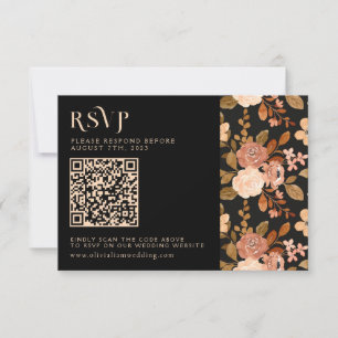 テラコッタブラックフローラ秋QRコード結婚ズ 出欠カード