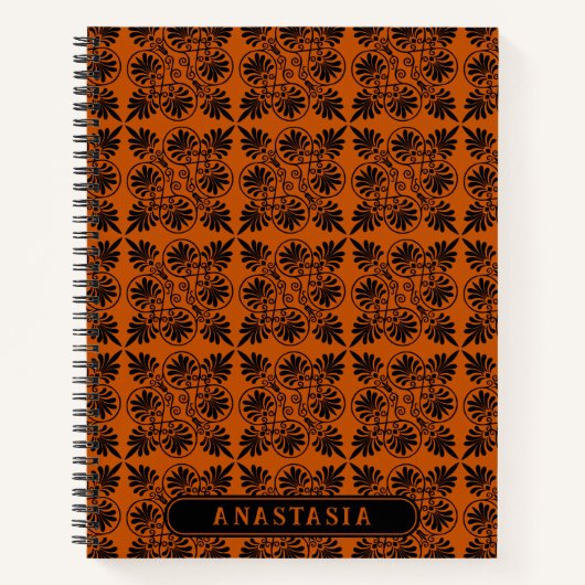 テラコッタブラック古代ギリシャの蛇行パターン ノートブック (正面)