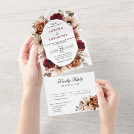 テラコッタブルガンディマウヴフローラ幾何学結婚ズ オールインワン招待状