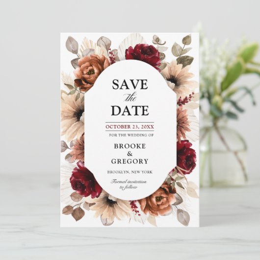 テラコッタブルガンディマウヴフローラ幾何学結婚ズ セーブザデート (スタンド正面)