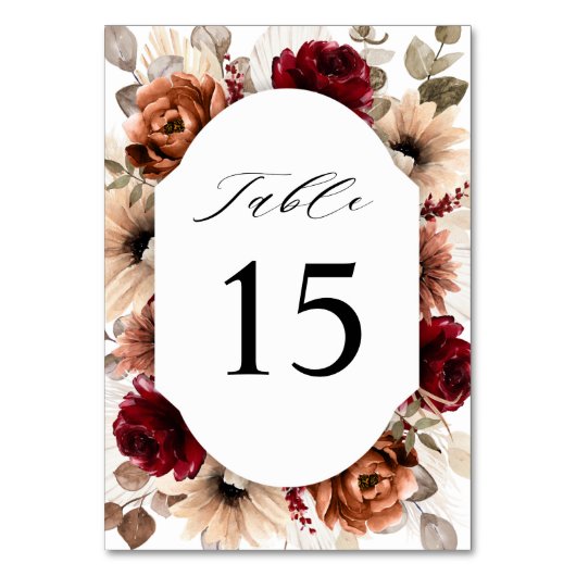 テラコッタブルガンディマウヴフローラ幾何学結婚ズ テーブルナンバー (正面)