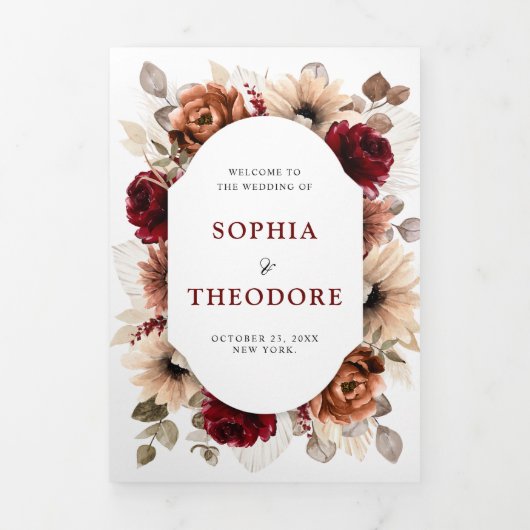 テラコッタブルガンディマウヴフローラ幾何学結婚ズ 三つ折り案内状 (カバー)