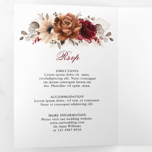 テラコッタブルガンディマウヴフローラ幾何学結婚ズ 三つ折り案内状 (内部最初)