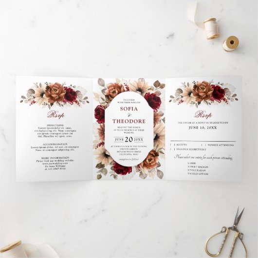 テラコッタブルガンディマウヴフローラ幾何学結婚ズ 三つ折り案内状 (内部)