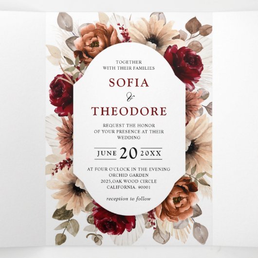 テラコッタブルガンディマウヴフローラ幾何学結婚ズ 三つ折り案内状 (内部中)