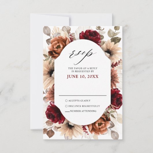 テラコッタブルガンディマウヴフローラ幾何学結婚ズ 出欠カード (正面)