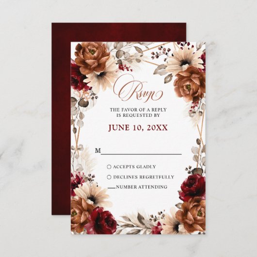 テラコッタブルガンディマウヴフローラ幾何学結婚ズ 出欠カード (正面/裏面)