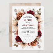 テラコッタブルガンディマウヴフローラ幾何学結婚ズ 招待状 (正面/裏面)