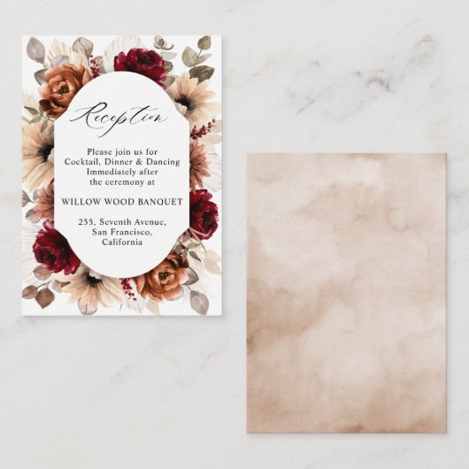 テラコッタブルガンディモーヴェフローラウェディングレセプション エンクロージャーカード (正面/裏面)