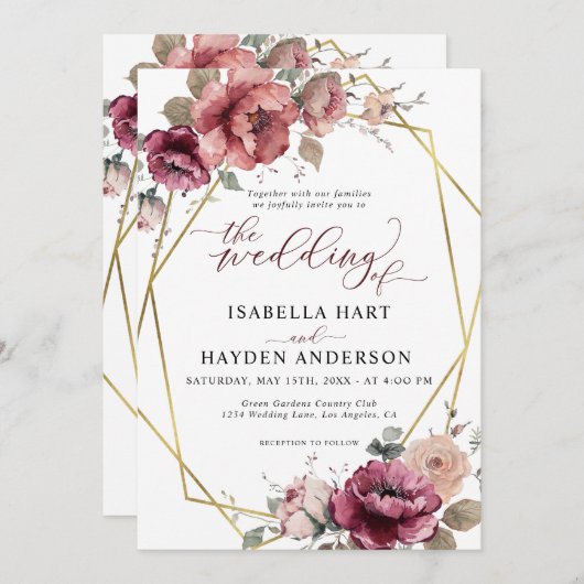 テラコッタブルゴーニュフローラ金ゴールドボホ秋の結婚式 招待状 (正面/裏面)