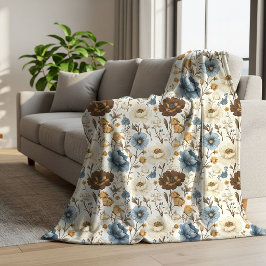 テラコッタブルーの花 豊かなボヘミアン風 シェルパブランケット