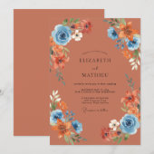 テラコッタブルーの野の花の結婚式 招待状 (正面/裏面)
