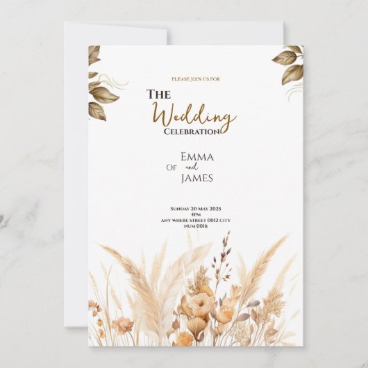 テラコッタベージュミニマル結婚フローラカード 招待状 (正面)