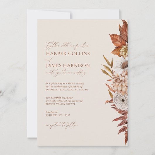 テラコッタベージュモダンフローラボホ秋の結婚式 招待状 (正面)