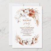 テラコッタホワイトフラワーズボホシック誕生日パーティー 招待状 (正面)