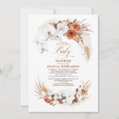 テラコッタホワイトフラワーズボホシック赤ちゃんシャワー 招待状 (正面)