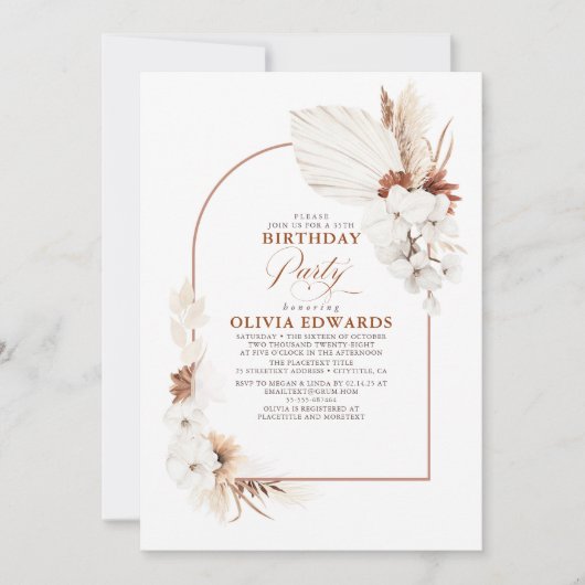 テラコッタホワイトフラワーズボホバースデーパーティー 招待状 (正面)
