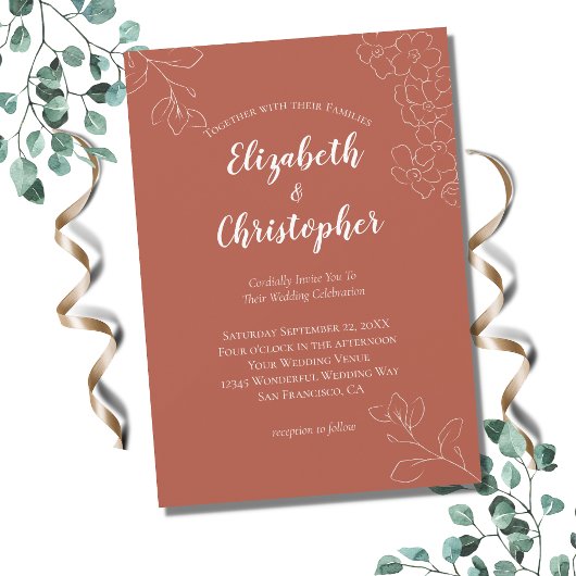 テラコッタホワイトフローラボモダンタニカル結婚ズ 招待状