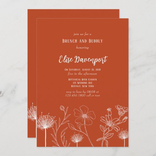 テラコッタホワイトワイルドフラワーブランチと泡立ち 招待状 (正面/裏面)