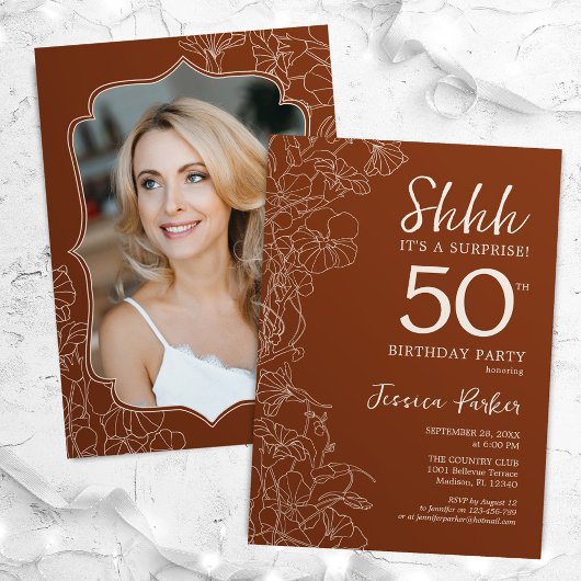 テラコッタボタニカルフォトサプライズ50誕生日 招待状