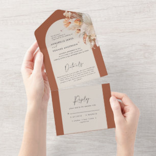 テラコッタボヘミアンパンパ結婚スグラスが満載 オールインワン招待状