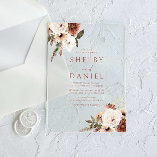 テラコッタボヘミアンフラワーズオールシーズ結婚ンズ アクリル招待状