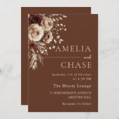 テラコッタボヘミアンヴィンテージ結婚フローラ 招待状 (正面/裏面)