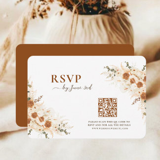 テラコッタボヘミアン風フラワーウェディングRSVP QRコード付き 出欠カード