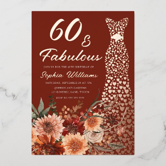テラコッタボホバラ金ゴールドドレス60th誕生日 箔招待状 (正面)