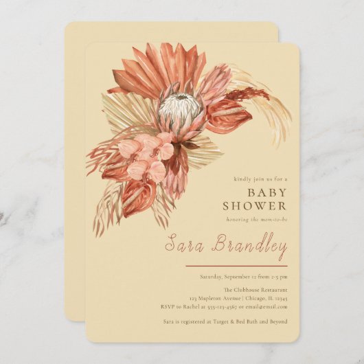 テラコッタボホパンパスグラスプロテアスベビーシャワー 招待状 (正面/裏面)