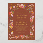 テラコッタボホフローラアーチ秋の結婚式金ゴールド 箔招待状 (正面)