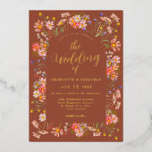 テラコッタボホフローラアーチ秋の結婚式金ゴールド 箔招待状 (正面)