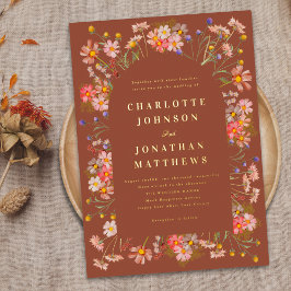 テラコッタボホフローラアーチ秋の結婚式金ゴールド 箔招待状