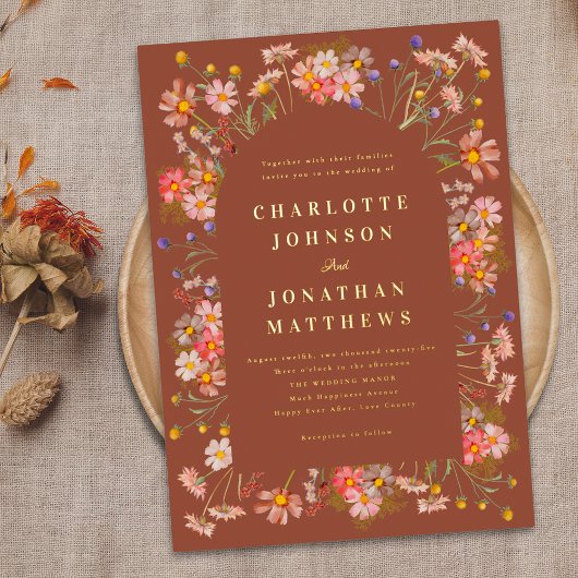 テラコッタボホフローラアーチ秋の結婚式金ゴールド 箔招待状