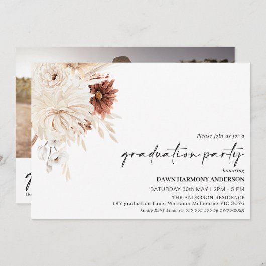 テラコッタボホフローラ写真卒業パーティー 招待状 (正面/裏面)